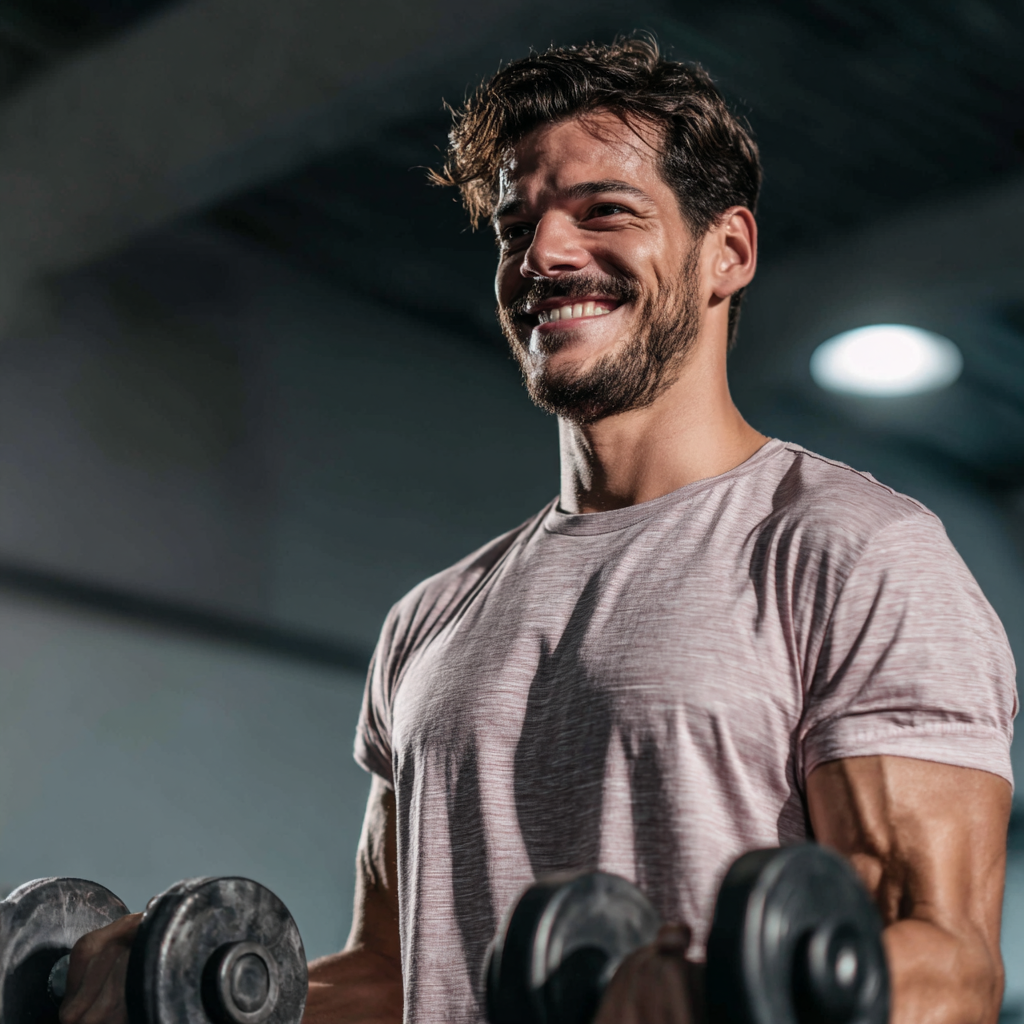 Európai férfi 40 körül, mosolygós arccal, sportos öltözékben, edzőteremben háttérrel, egészséges megjelenés